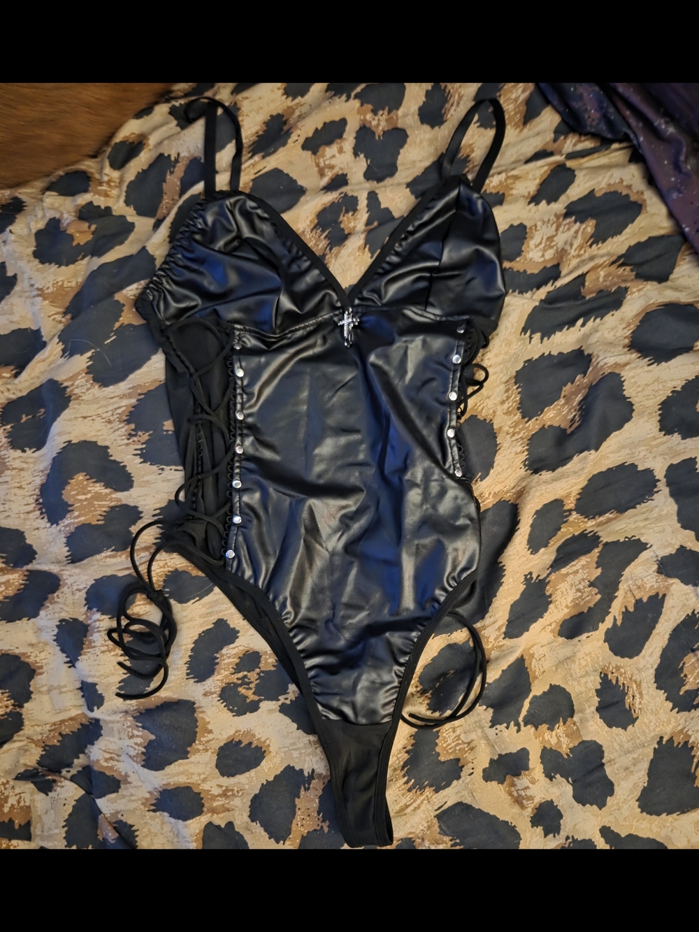 ROMWE Black Faux Leather Lace-Up Bodysuit with Stud Accents
